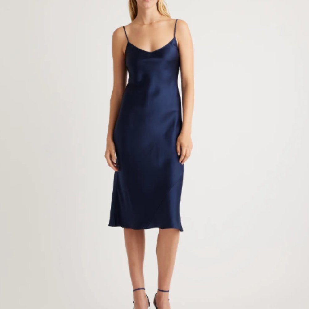 NWOT Quince 100% Washable Silk Slip Dress Navy Size SMALL